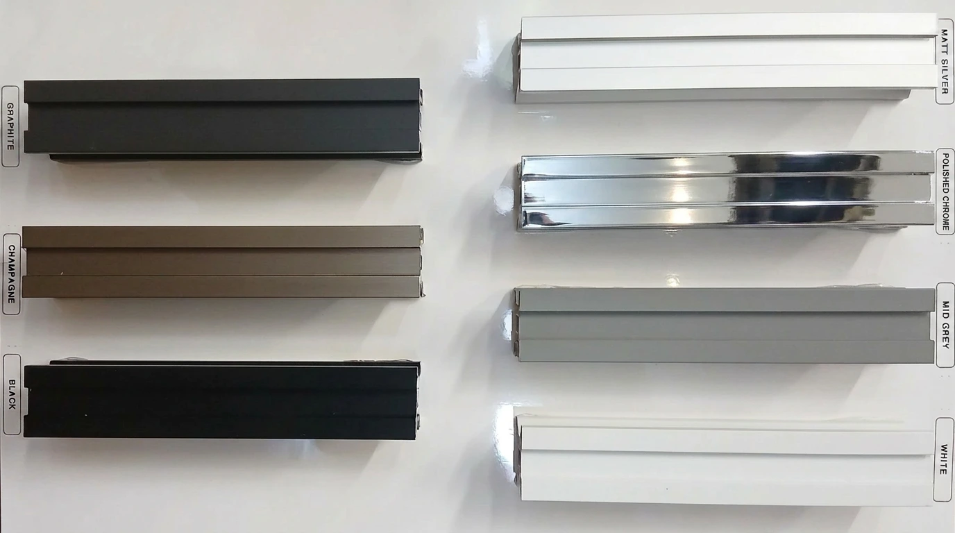 Glide frame colour options — White, Matt Silver, Polished Chrome, Mid Grey, Champagne, Graphite and Black